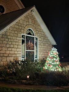Christmas tree in front of chapel